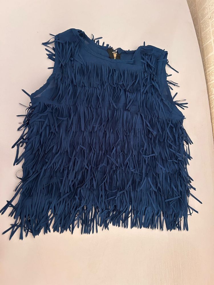 Blue Fringe Sleeveless Top