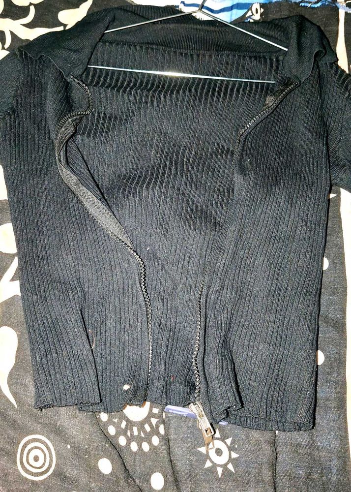 Black Zip-Up Knit Jacket