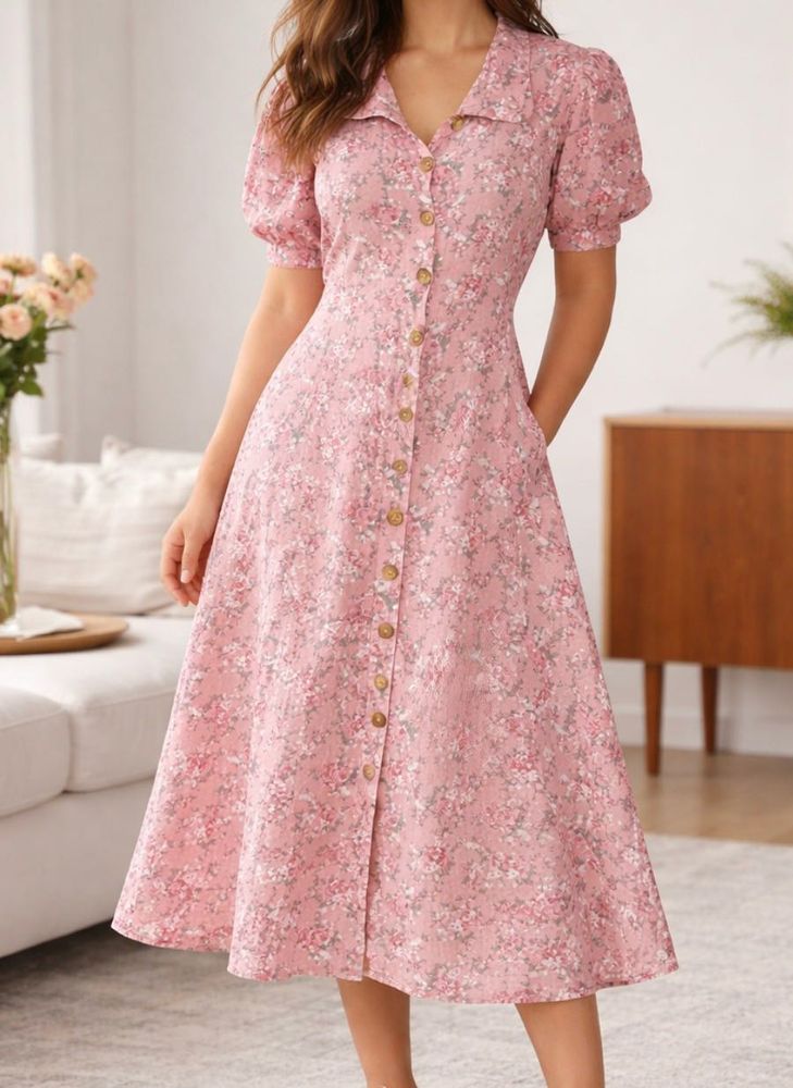 Pink Floral Button-Down Midi Dress