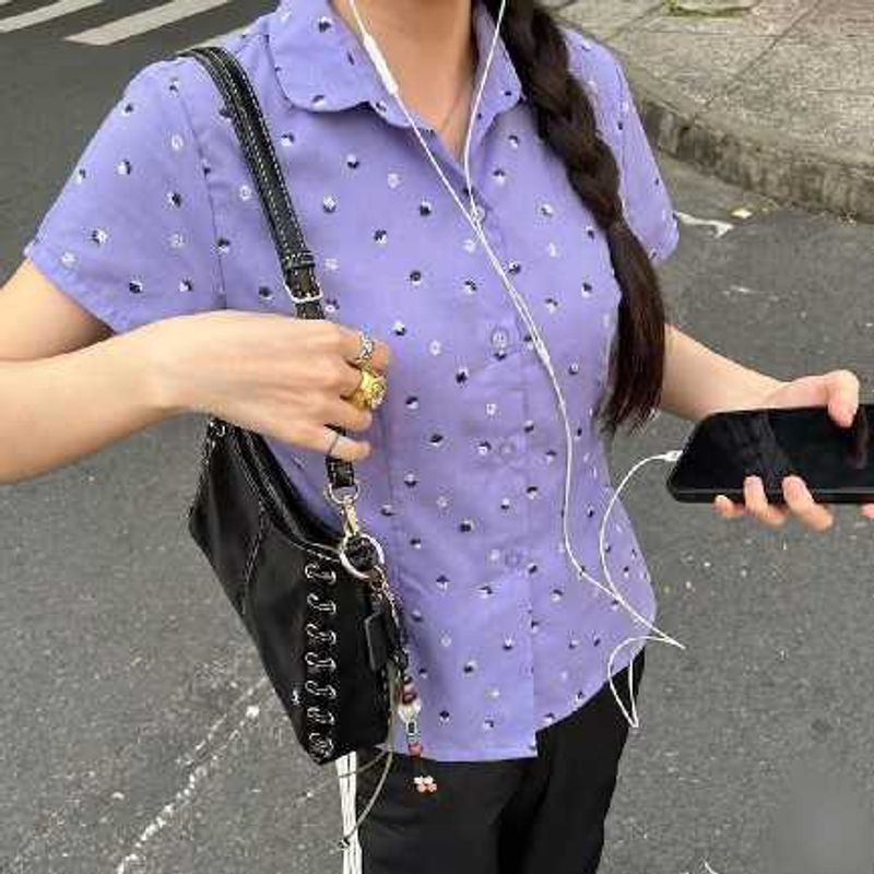 Korean Pinterest Cute Purple Polka Dot Blouse