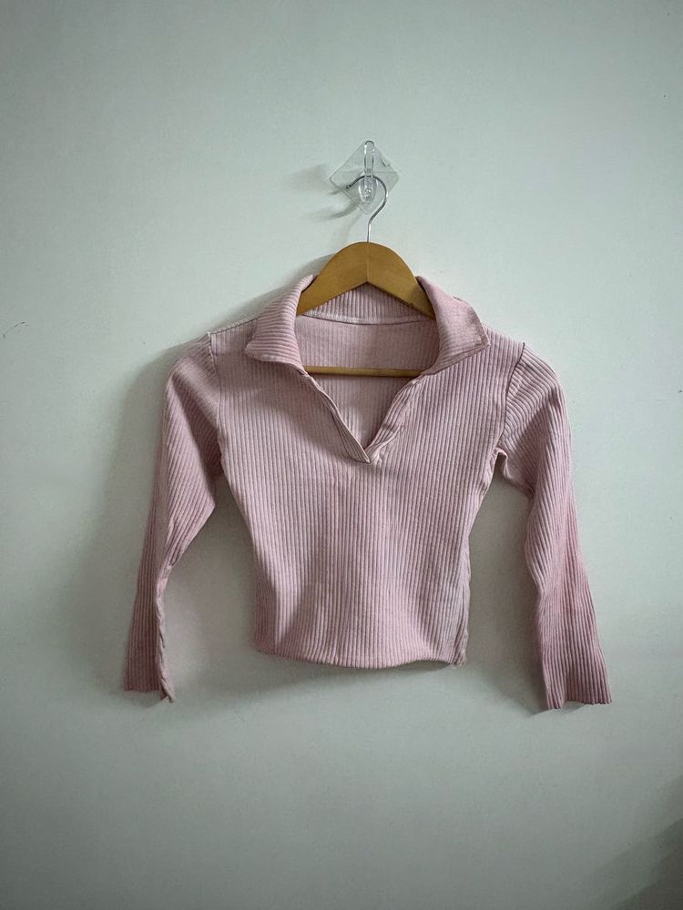 Ribbed Collared Pink Top