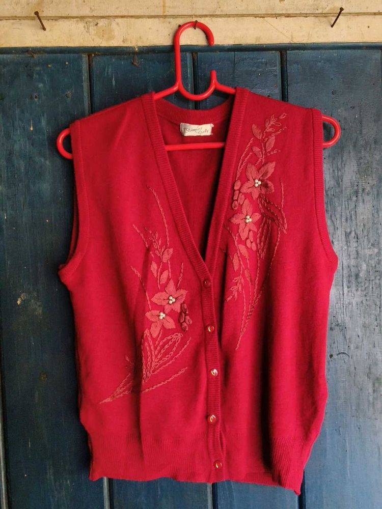 Elegant Red Floral Button-Up Vest