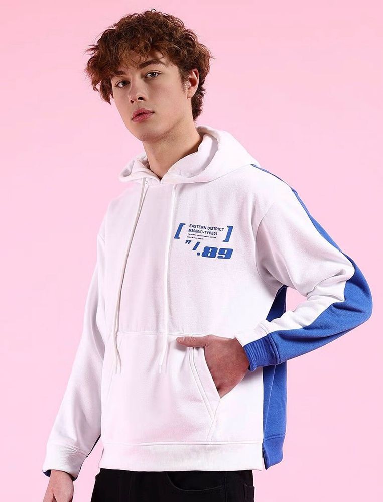Unisex White &amp; Blue Relaxed Fit Overhead Hoodie