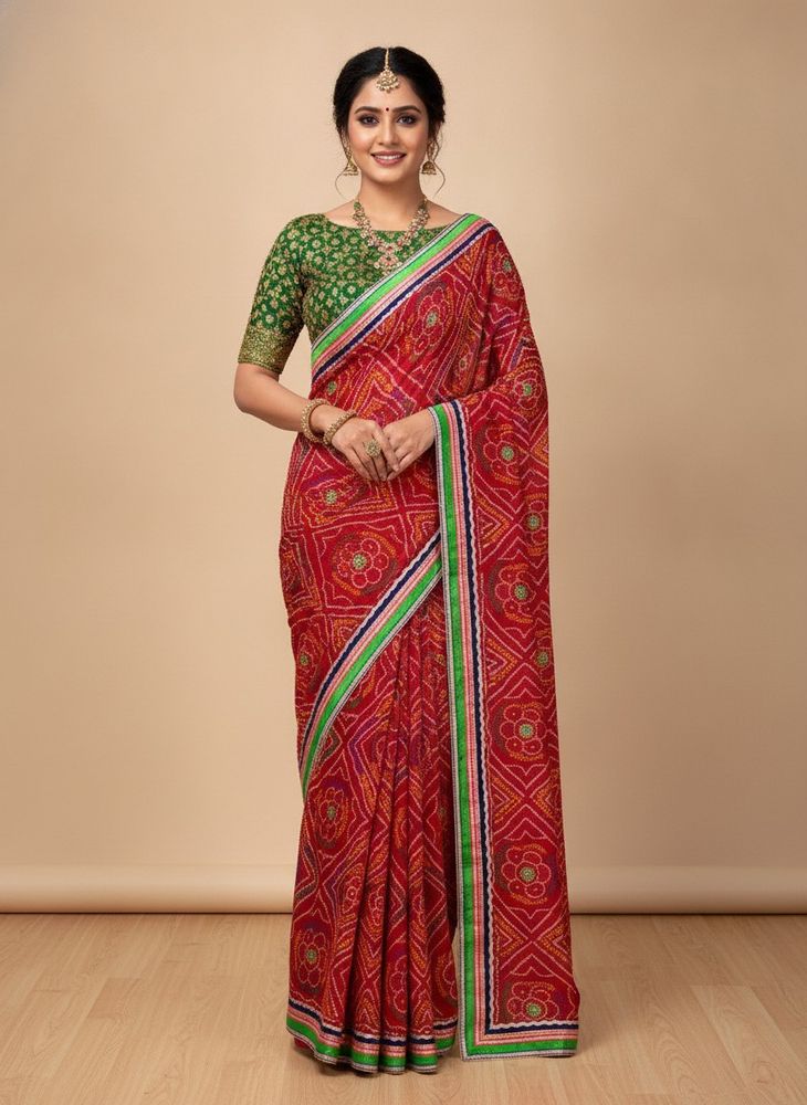 red badhani saree Vibrant Green Embroidered Blouse