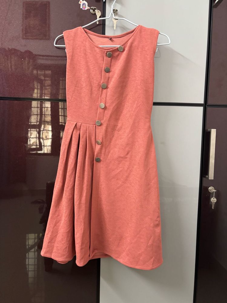 Coral A-line Dress with Button Detail