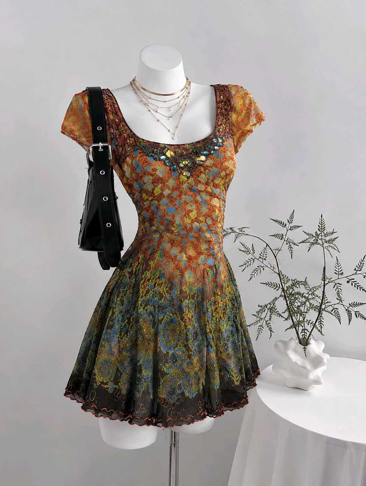 Bohemian Floral Print Mini Dress
