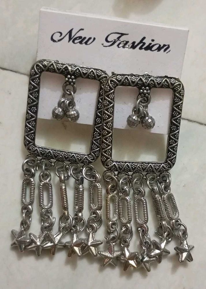 Unique Silver Square Earrings with Star Charms