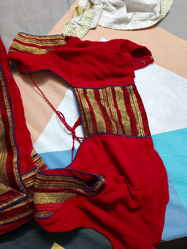 Red saree nd Blouse with Gold Embroidery