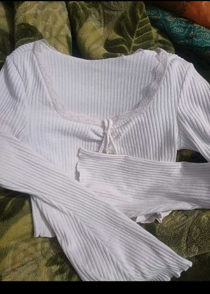 White Ribbed Cropped Top with Lace Trim