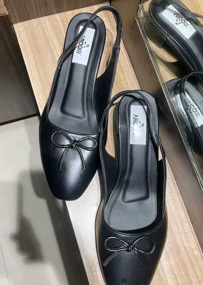 Aroom Black Slingback Bow Flats