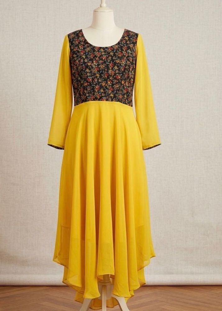 Chiffon Yellow Floral Print Gown with back threads