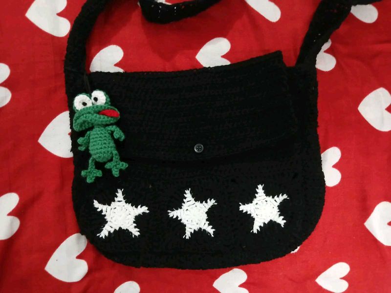 Crocheted Black Crossbody Bag with Frog Charm