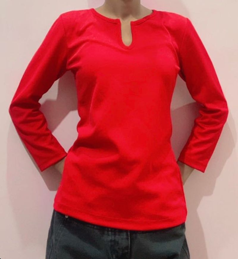 Red Long Sleeve V-Neck Top