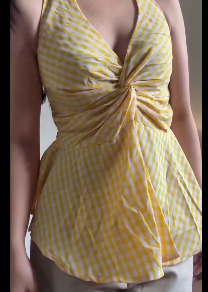 Yellow Gingham Twist Halter Top