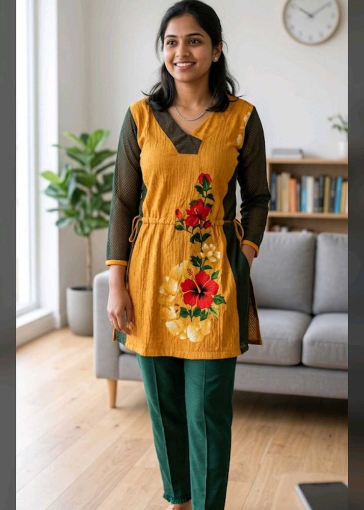Stylish Mustard Floral Kurta and pants cord set