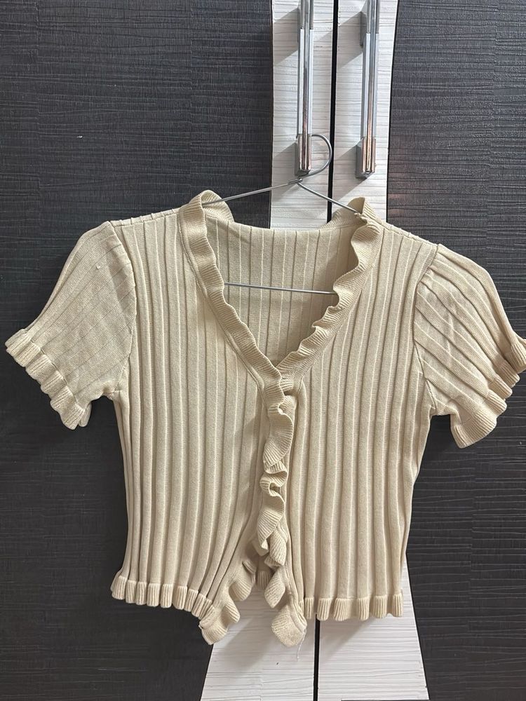 Ribbed Ruffle Button-Up Top