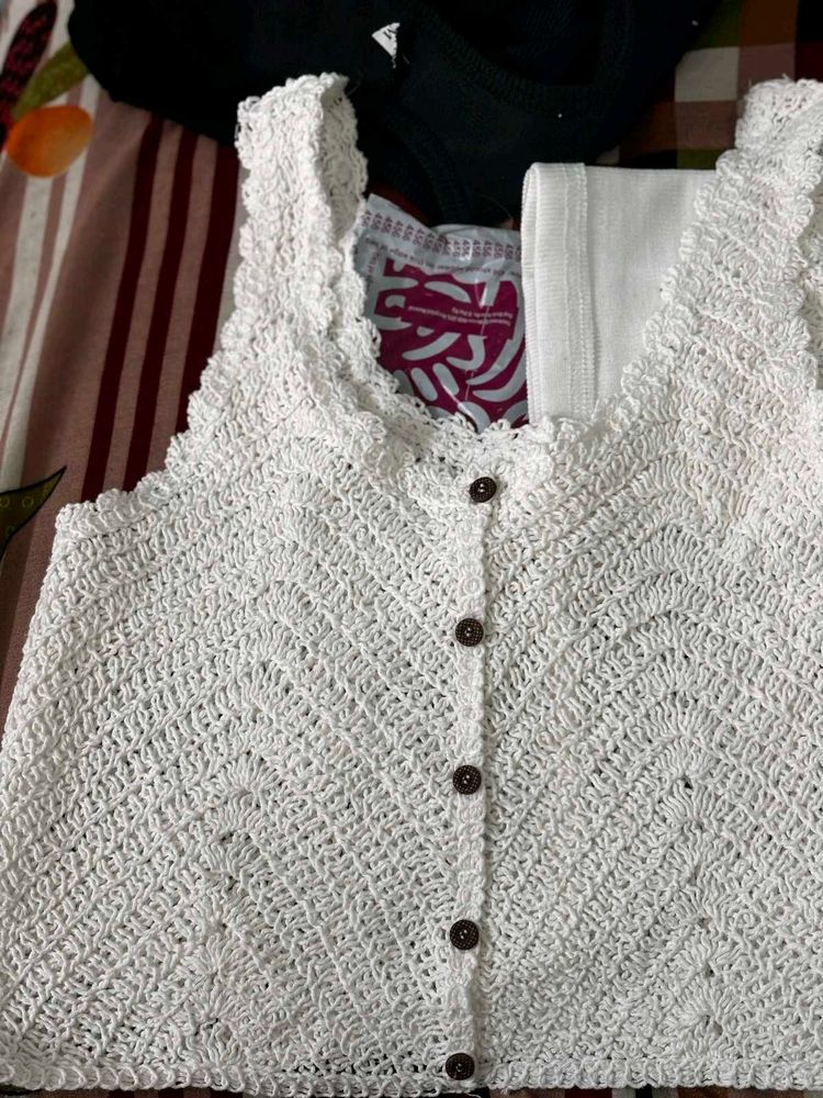 White Crochet Button-Up Top