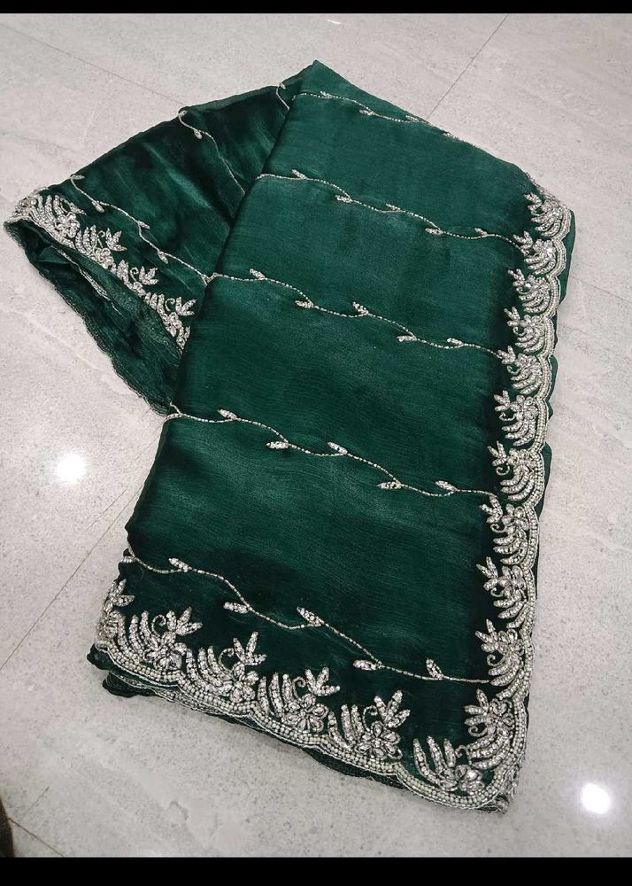 Emerald Green Saree with Cutdana n Jarkan stone