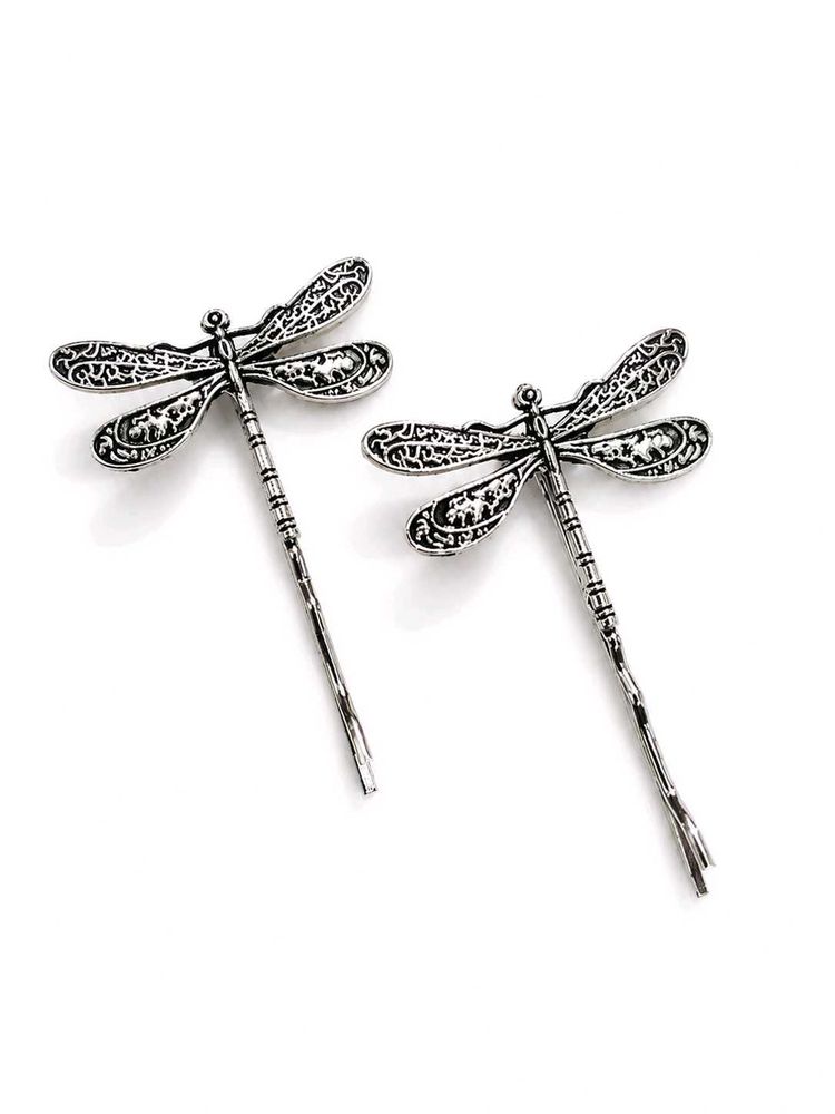 Vintage-Style Silver Dragonfly Hair Clips (Set of