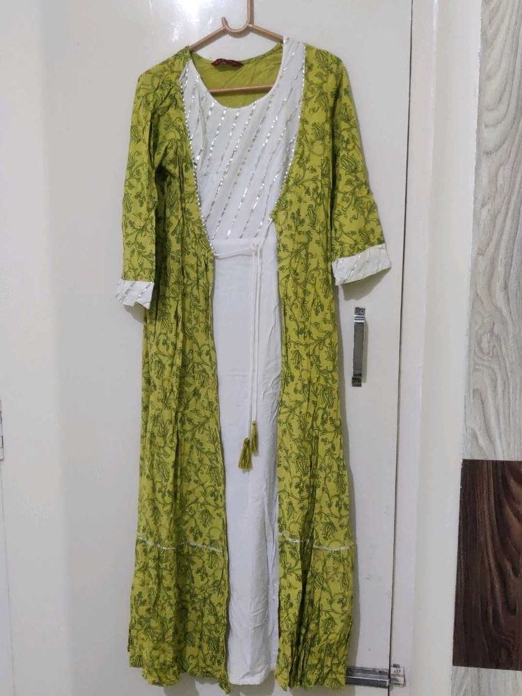 White Kurta Set with attached Printed Jacket