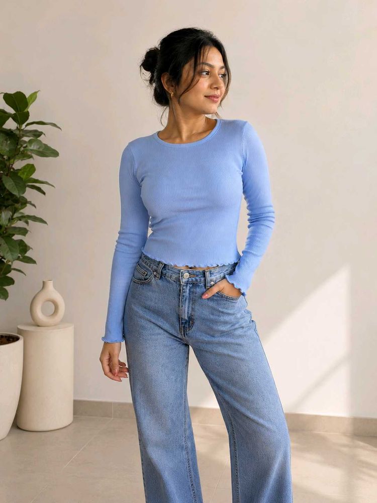 Light Blue Ribbed Long Sleeve Top