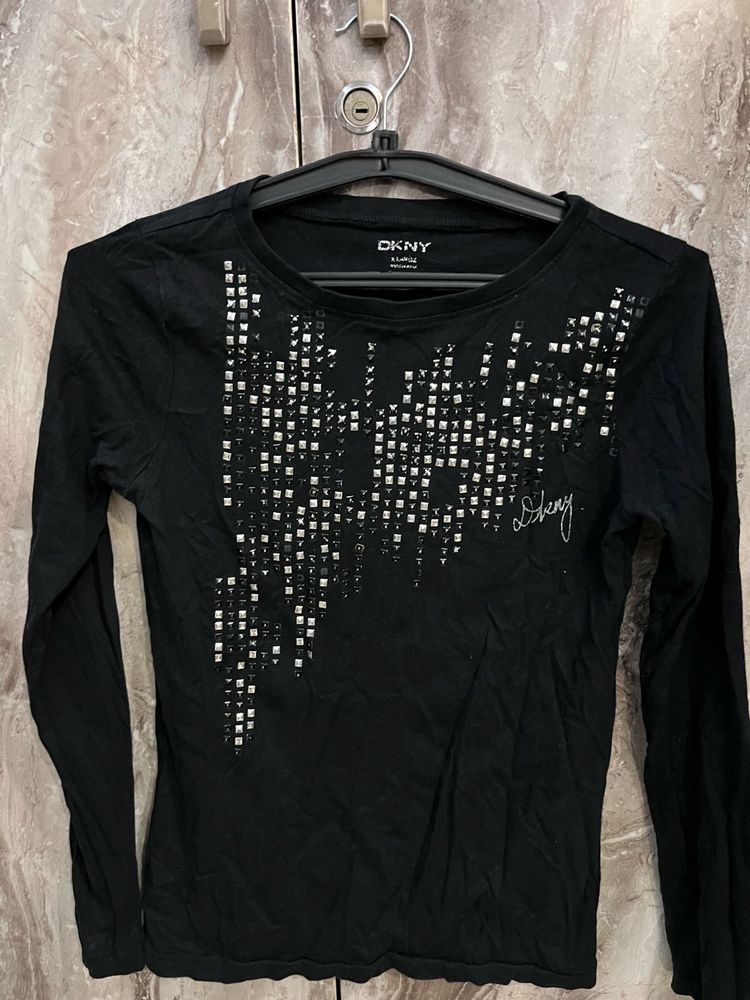 DKNY Black Long Sleeve Studded Top