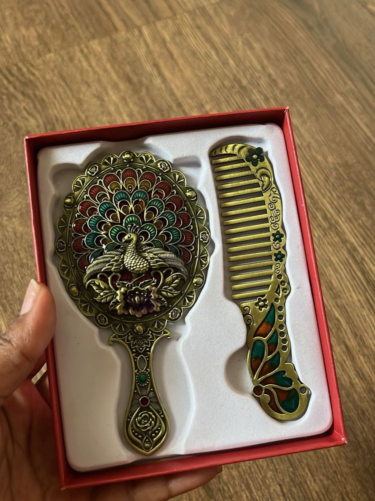Vintage Peacock Mirror &amp; Comb Set