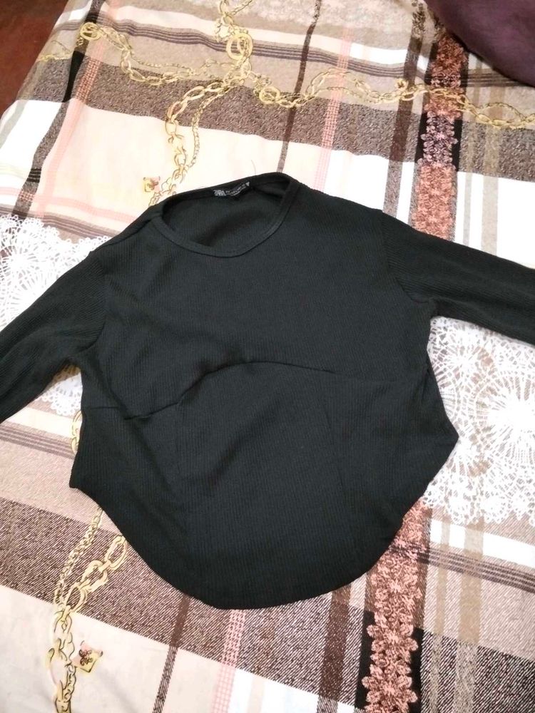 Chic Black Ribbed Long Sleeve Top