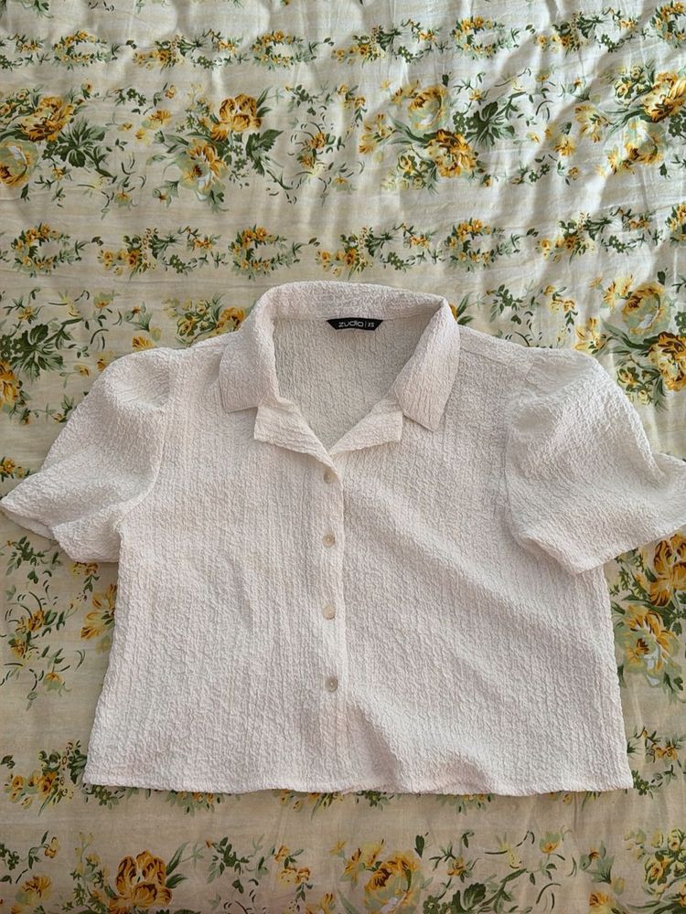 White Textured Puff Sleeve Shirt