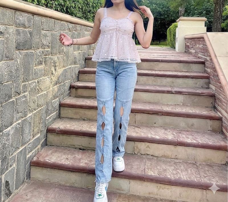 Vintage denim jeans with Y2K glitter top