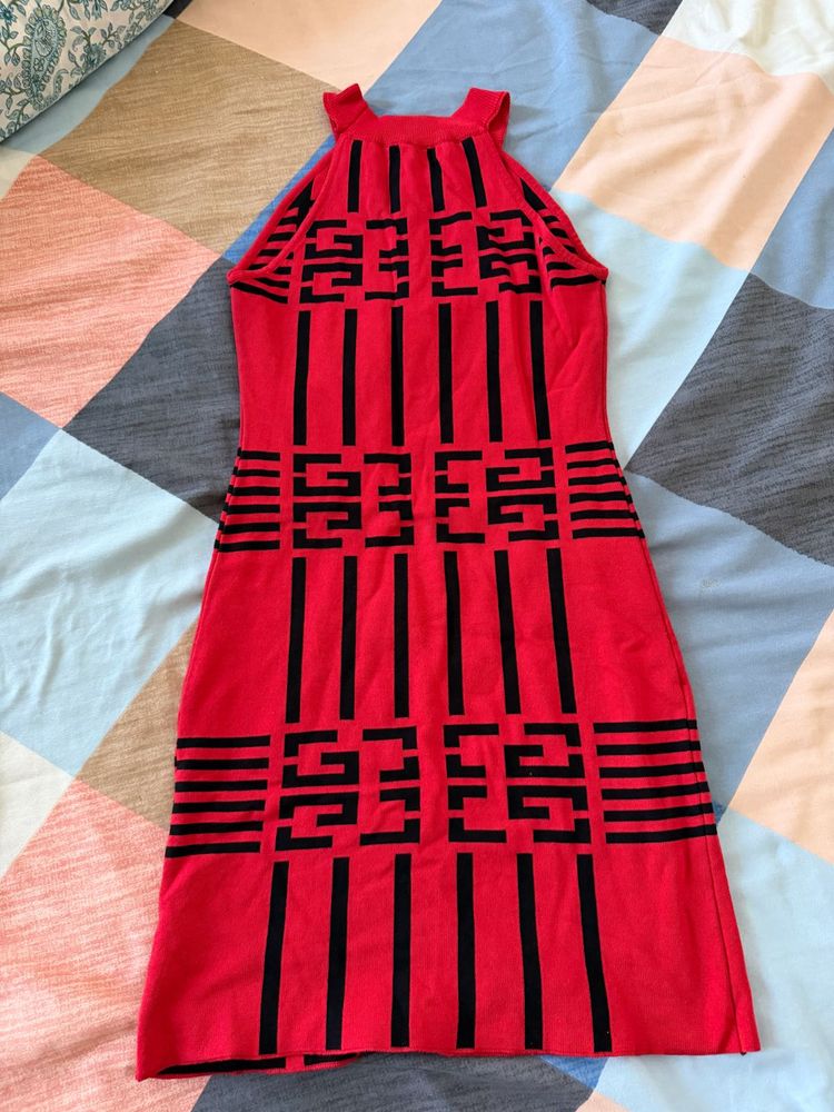 Red Halter Neck Geometric Print Dress