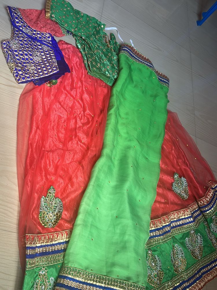 Green Bridal Lehenga With 2 Customized Blouse