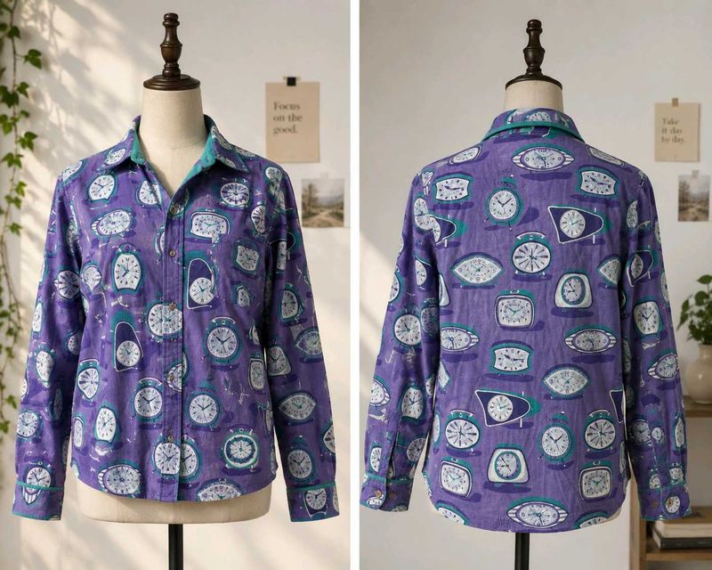Purple Alarm Clock Print Button-Up Shirt