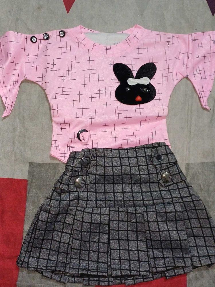 Cute Pink Bunny Top &amp; Skirt Set
