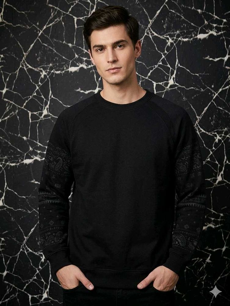 Men's Black Sweatshirt with Patterned Sleeves