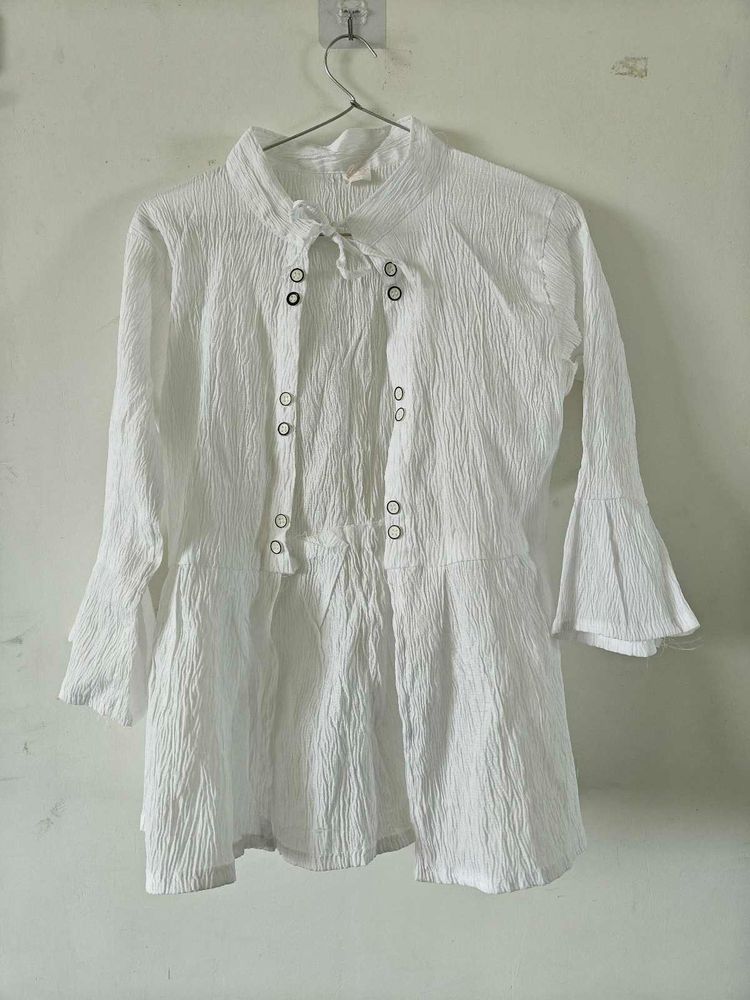White Textured Bell Sleeve Tunic Top