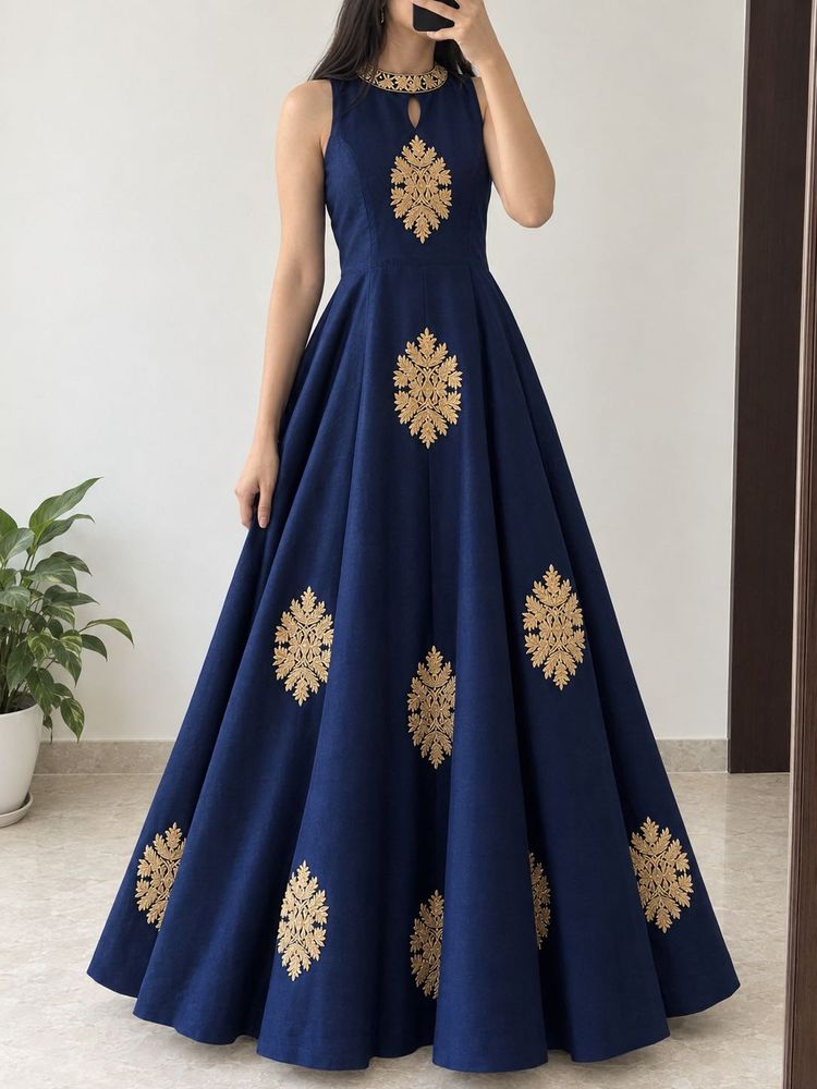 Elegant Navy Blue Embroidered Gown