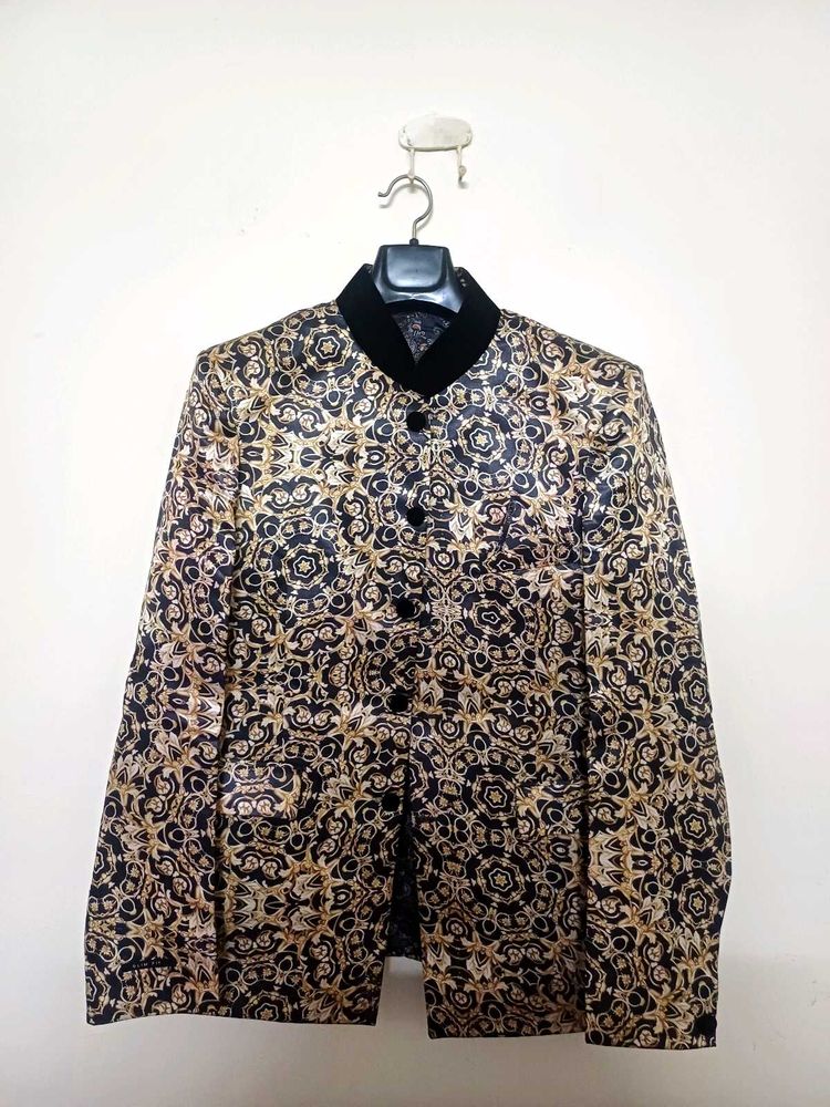 Men’s Printed Jodhpuri Blazer – Black &amp; Gold Flora