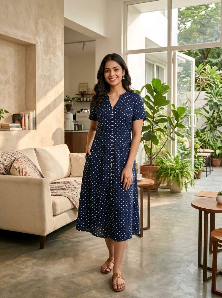 Chic Navy Polka Dot Midi Dress