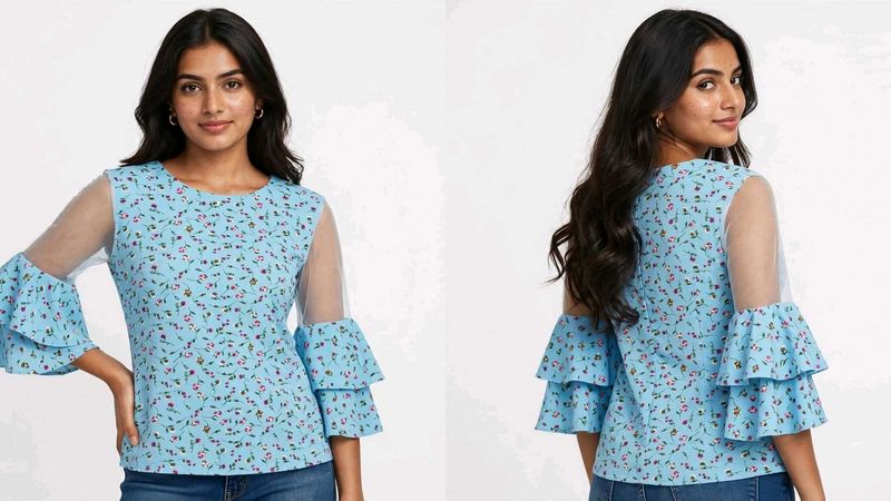 Blue Floral Sheer Sleeve Top