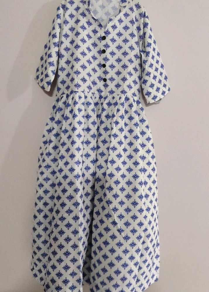 White &amp; Blue Printed Kurta Set