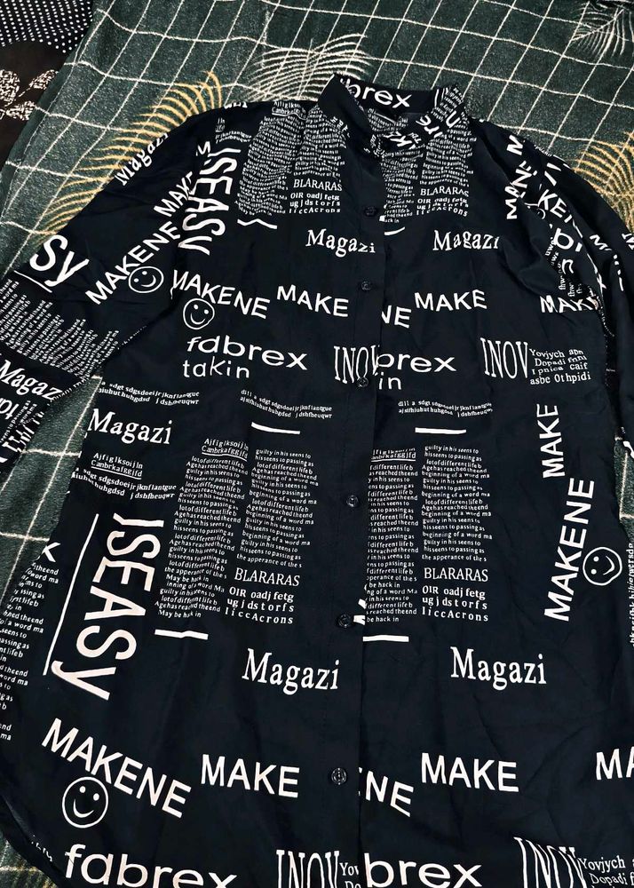Black Graphic Print Button-Down Shirt
