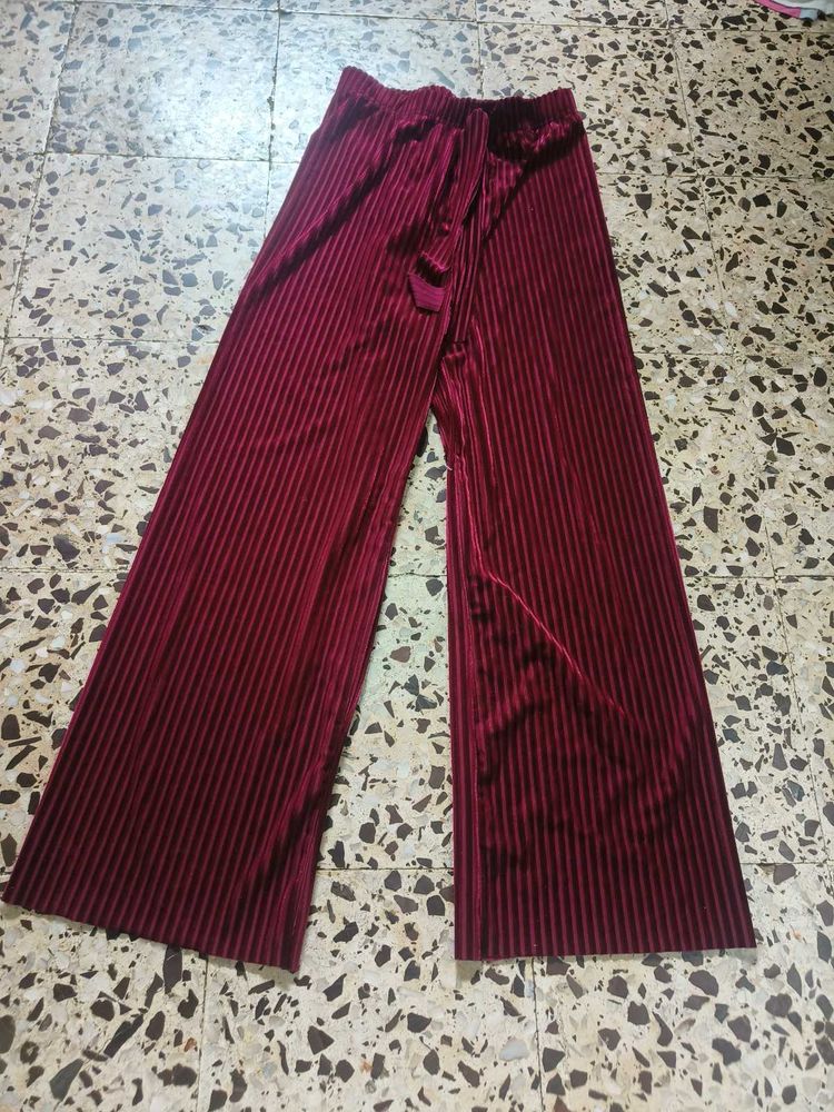 Burgundy Velvet Striped Palazzo Pants