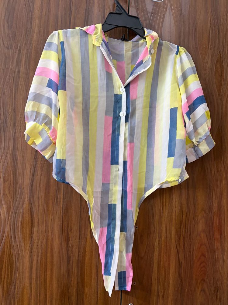 Sheer Striped Tie-Up Top