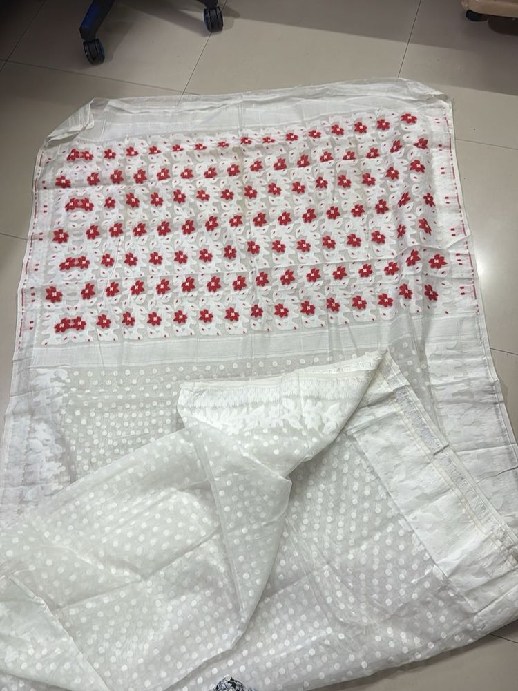 Elegant White Saree with Red Floral Embroidery