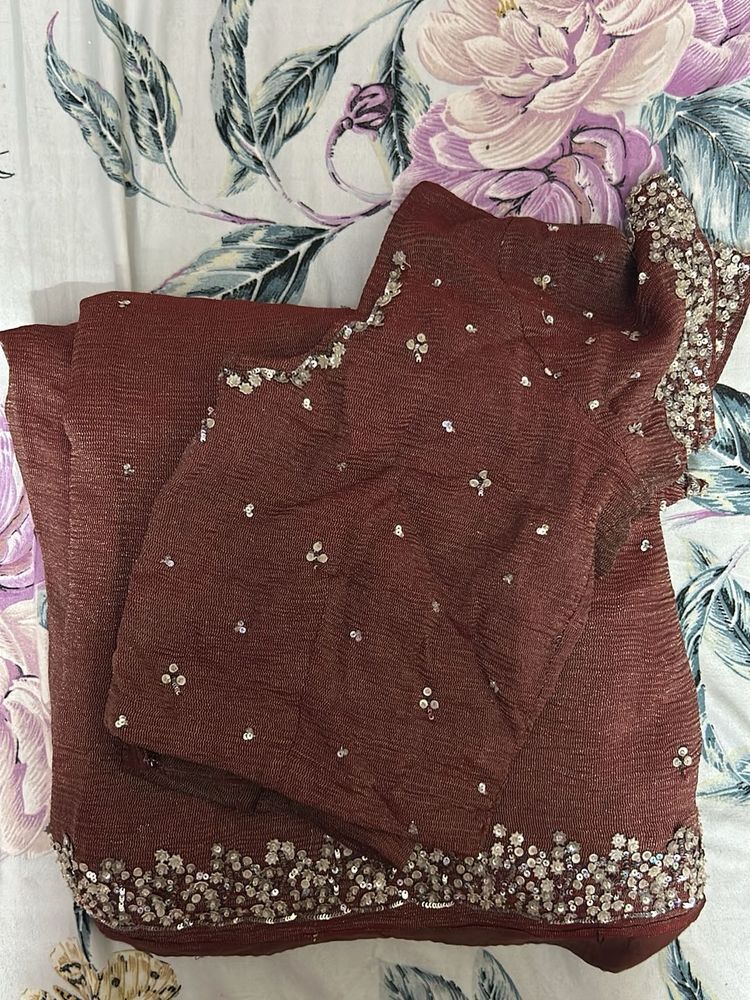 Embellished Maroon Chiffon Saree