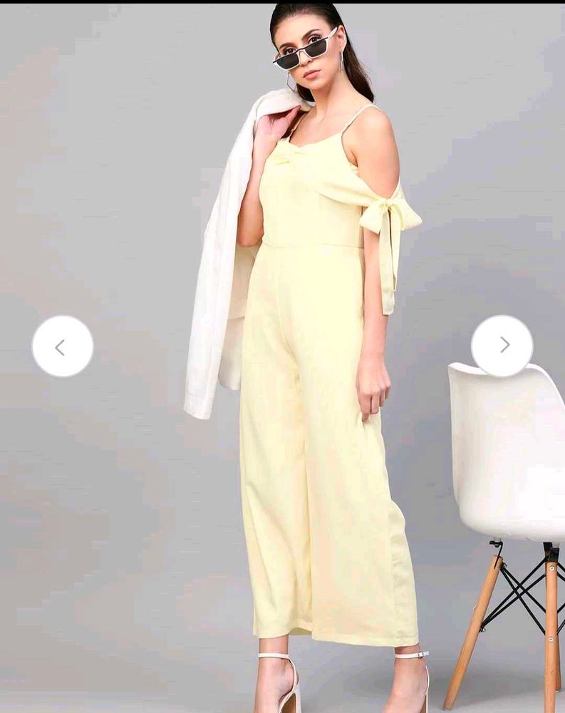 Cream Off-Shoulder Jumpsuit with Tie-Up Sleeves