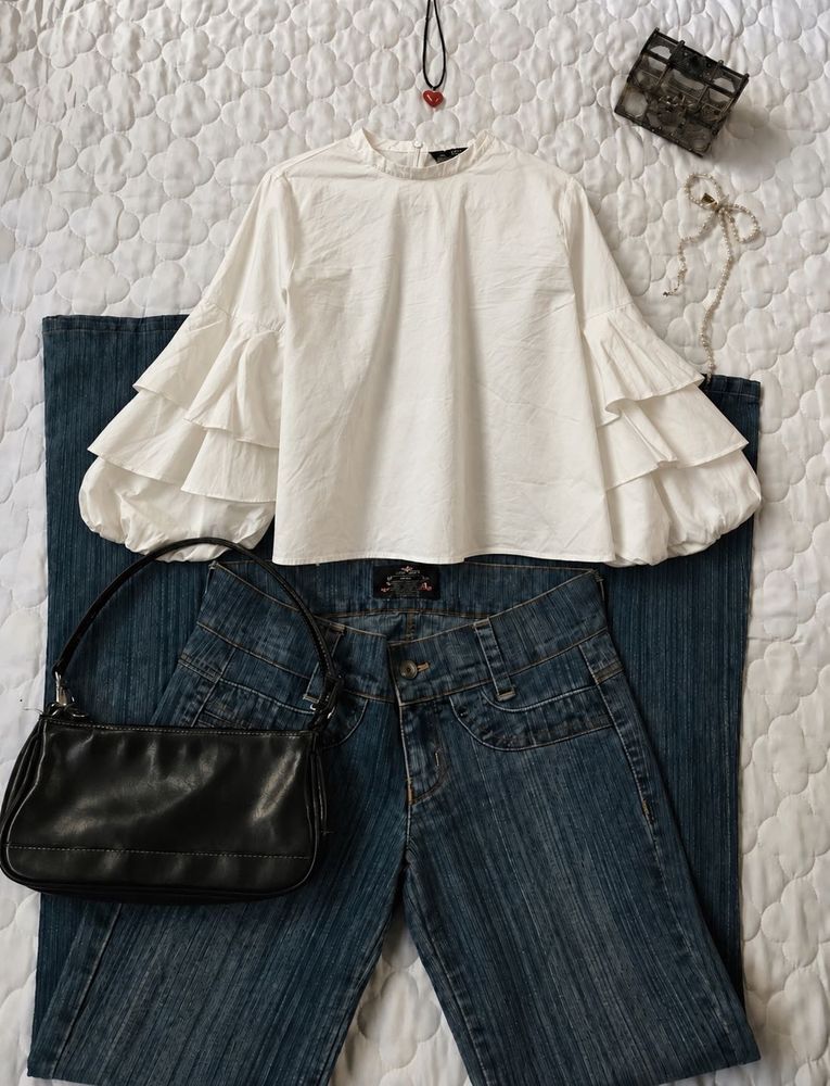 ZARA White Ruffled Sleeve Top