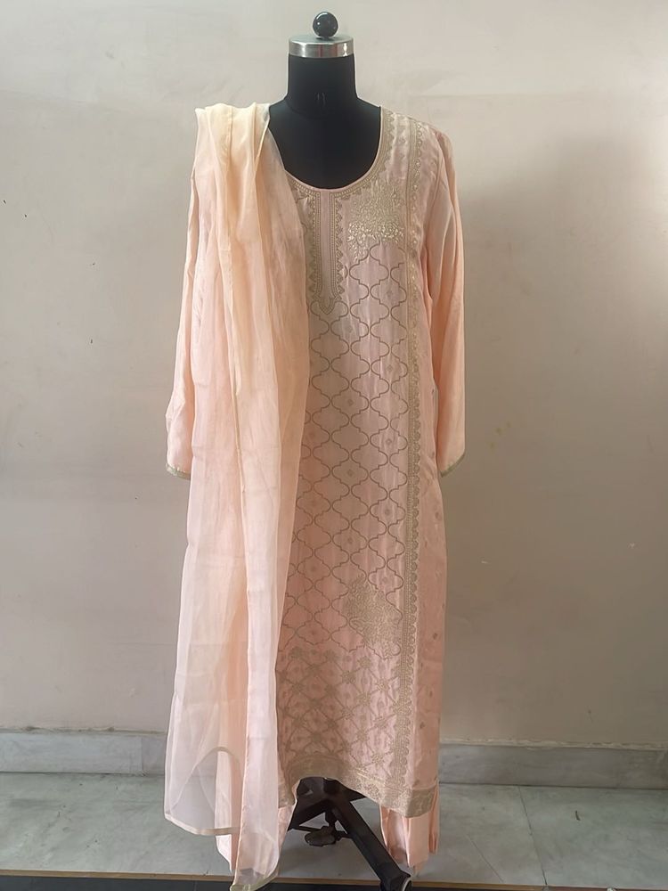 Peach Embroidered Kurta Set with Dupatta