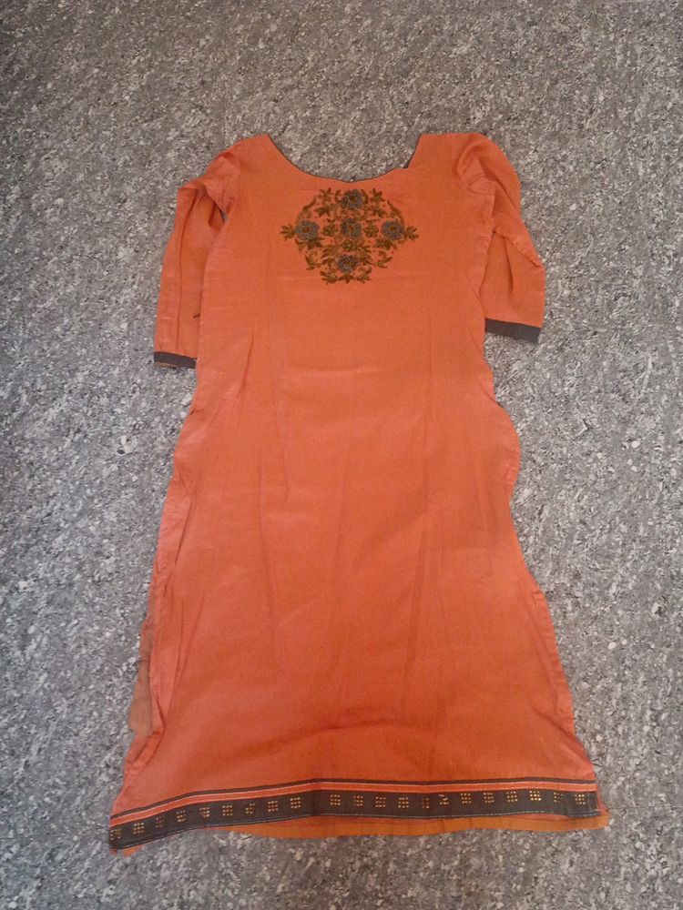 Peach Color, Embroidery Work, Boat Neck